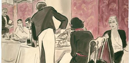 Ilustración que recrea una escena cotidiana en el comedor del Ritz de París