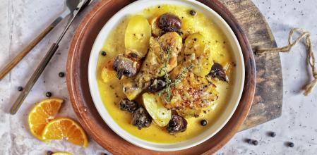 Pollo a la mandarina en olla de barro