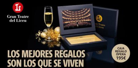 La Caja Regalo Ópera del Gran Teatre del Liceu es un presente con un envoltorio elegante que incluye un código canjeable por dos entradas a elegir entre diez espectáculos de la temporada 2025-2026