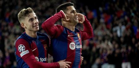 João Cancelo celebra un gol junto a Fermín en su primera etapa como blaugrana