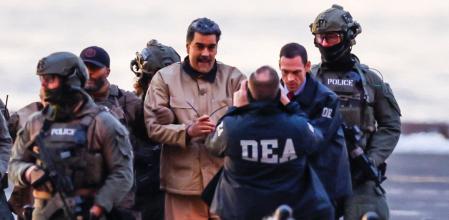 Captured Venezuelan President Nicolas Maduro arrives at the Downtown Manhattan Heliport, as he heads towards the Daniel Patrick Manhattan United States Courthouse for an initial appearance to face U.S. federal charges including narco-terrorism, conspiracy, drug trafficking, money laundering and others in New York City, U.S., January 5, 2026. REUTERS/Eduardo Munoz BEST QUALITY AVAILABLE