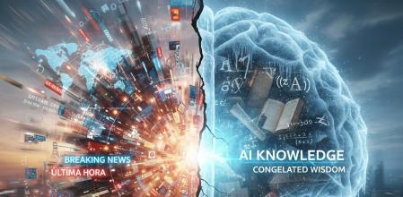 La imagen representa el contraste entre la velocidad la información de última hora en el mundo y el conocimiento congelado de la IA 
