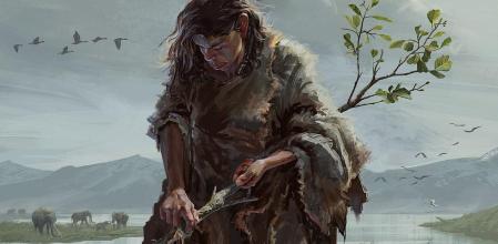 Reproducción de una mujer paleolítica de Marathousa 1 fabricando un palo de excavación a partir de un pequeño tronco de aliso con una pequeña herramienta de piedra&nbsp;