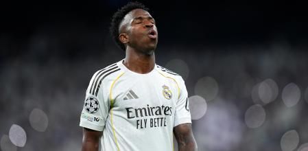 MADRID, SPAIN - FEBRUARY 25: Vinicius Junior of Real Madrid reacts at full time following victory during the UEFA Champions League 2025/26 League Knockout Play-off Second Leg match between Real Madrid C.F. and SL Benfica at Estadio Santiago Bernabeu on February 25, 2026 in Madrid, Spain. (Photo by Angel Martinez/Getty Images)