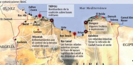 SEGUNDA JORNADADE ATAQUES. Aviones estadounidenses -bombarderos invisibles B2 y Marine Harriers, F-15 y F-16- atacaron defensas antiaéreas y fuerzas terrestres libias. Aviones de la Navy EA-18G Growler bombardearon sistemas de radares y comunicaciones libios.