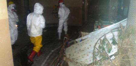 Imagen tomada en el interior de la planta de Fukushima donde se ve a trabajadores caminando cerca de la entrada de la central