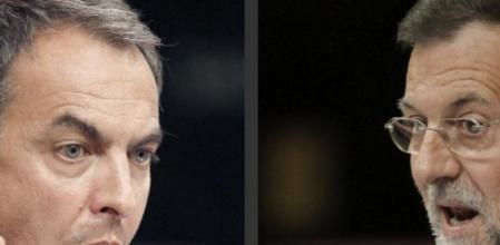 Imágenes enfrentadas de las intervenciones de Zapatero y Rajoy durante el debate sobre el estado de la nación