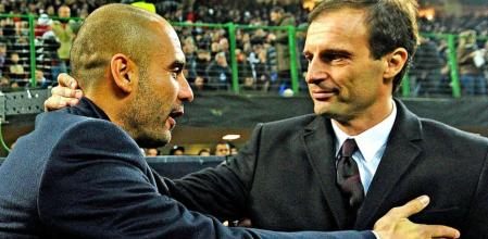 Josep Guardiola saluda a Massimiliano Allegri, antes de empezar el encuentro