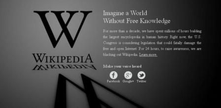 La versión en inglés de Wikipedia, apagada en protesta contra la ley SOPA de antipiratería