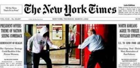 Captura de la portada de la edición del NYT, ilustrada con una imagen de incidentes en Barcelona