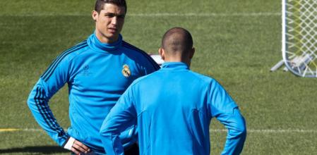 Cristiano Ronaldo y Karim Benzema en el último entrenamiento antes del partido decisivo ante el CSKA de Moscú