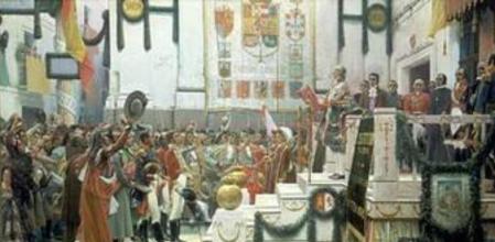 La promulgación de la Constitución de 1812, obra del pintor historicista Salvador Viniegra, está expuesta en el Museo de las Cortes de Cádiz