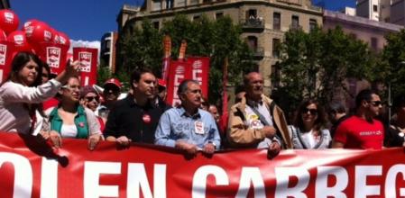 Pancarta que encabeza la protesta del Primero de Mayo en Barcelona