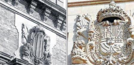 El escudo de la fachada del Parlament de Catalunya: las cuatro barras, en 1932; el escudo de Felipe V recuperado tras la Guerra Civil; y el nuevo proyecto de cuatro barras