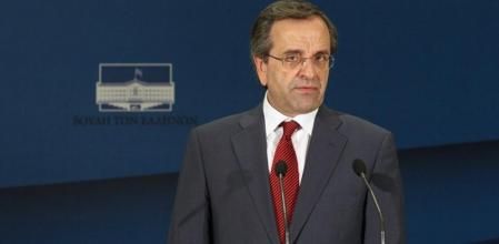 Antonis Samaras, líder de Nueva Democracia, después de reunirse con Alexis Tsipras, de Syriza.