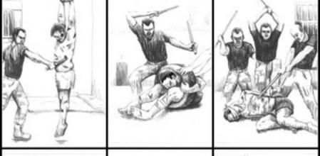 Recreación de las torturas sufridas por los detenidos encarcelados en las cárceles secretas del régimen de Asad