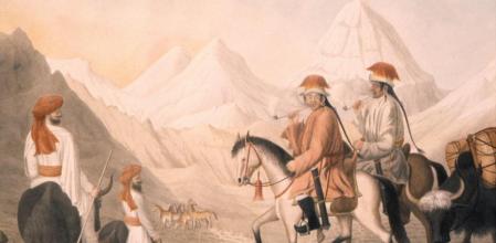 Pintura colonial de Hyder Jung Hearsey (1812) que representa al autor y a William Moorcroft viajando por el Tíbet; abajo, Niall Ferguson