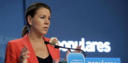 La secretaria general del PP, María Dolores de Cospedal, durante la rueda de prensa que ofreció al término de reunión semanal de la dirección de su partido.