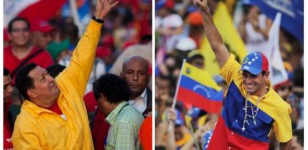 El presidente de Venezuela, Hugo Chavez, y el candidato de la oposición Henrique Capriles, en sendos actos de cierre de campaña