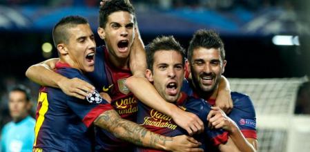 Alba celebra el segundo gol durante el partido de Champions League que han disputado en el Camp Nou el FC. Barcelona y el Celtic de Glasgow.