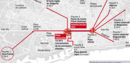Recorrido previsto de los piquetes que actuarán en Barcelona en la huelga general del 14N.