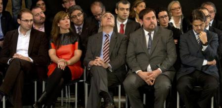 De izquierda a derecha, Joan Herrera (ICV-EUiA), Alícia Sánchez-Camacho (PPC), Pere Navarro (PSC), Oriol Junqueras (ERC) y Oriol Pujol (CiU)