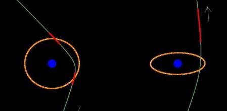 La línea verde representaría la ruta del asteroide 2012 DA14. La naranja, la órbita de satélites geoestacionarios