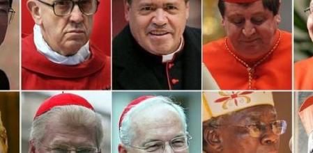 De izquierda a derecha y de arriba abajo: Claudio Hummes (Brasil), Oscar Andres Rodrigues Maradiaga (Honduras), Jorge Mario Bergoglio (Argentina), Norberto Rivera Carrera (México), Joao Braz de Aviz (Brasil), Luis Antonio Tagle (Filipinas), Peter Turkson (Nigeria), Cristoph Schonborn (Austria), Peter Erdoe (Hungría), Angelo Scola (Italia), Marc Ouellet (Canadá), Francis Arinze (Nigeria), John Onaiyekan (Nigeria) y Timothy Dolan (Estados Unidos)