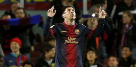 El delantero argentino del F.C. Barcelona Lionel Messi celebra el gol marcado al Deportivo de La Coruña
