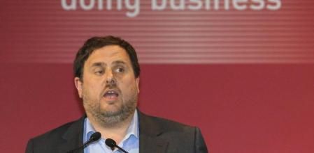 El líder de ERC, Oriol Junqueras, durante la conferencia pronunciada en la Cambra de Comerç.