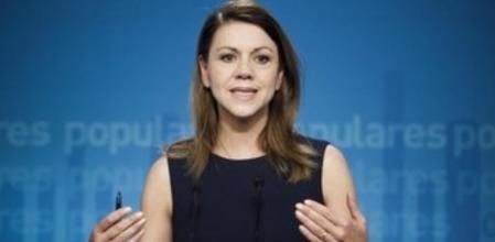 La secretaria general del PP y presidenta de Castilla-La Mancha durante la rueda de prensa que ofreció hoy en la sede del partido en la calle Génova.