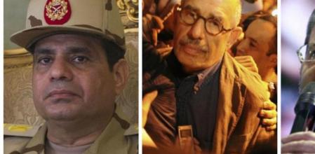 El general Al Sisi, Mohamed El Baradei y el ex presidente egipcio Mohamed Morsi