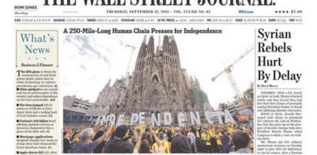Portada de la edición papel de The Wall Street Journal, en la que se habla de la Via Catalana por la independencia de Catalunya.