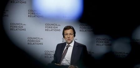 El presidente del Gobierno español, Mariano Rajoy, explica en una intervención en el Council of Foreign Relations, en Nueva York, la situación de la economía española cuyas dudas ya están despejadas y sólo resta por saber el ritmo de su recuperación.