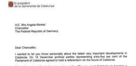 Imagen de la carta remitida por Artur Mas a los principales líderes europeos con la explicación de los motivos para celebrar la consulta sobre la autodeterminación de Catalunya.