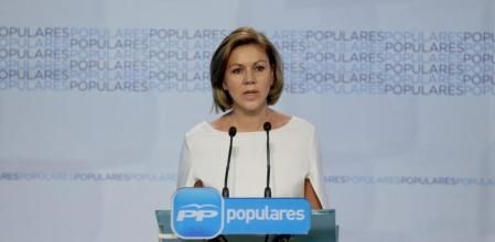 La secretaria general del PP, María Dolores de Cospedal, durante la rueda de prensa que ha ofrecido hoy trasla reunióndel Comité Ejecutivo Nacional de su partido