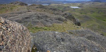Un puma bebe agua junto a unas rocas en medio de un paisaje de montañas y lagos, en el parque nacional Torres del Paine de la Patagonia chilena