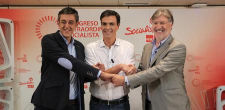 Imagen del debate entre los candidatos a la secretaría general del Psoe Eduardo Madina, Pedro Sanchez, Jose Antonio Perez Tapias