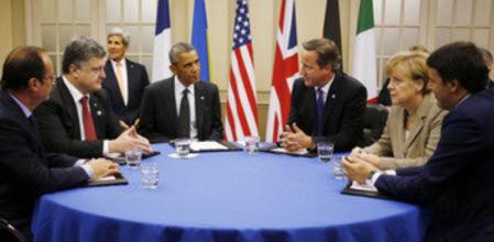 El presidente de los EE.UU., Barack Obama, el de Reino Unido, David Cameron, Francia, François Hollande, canciller alemana, Angela Merkel, y el primer ministro italiano Mateo Renzi se reúnen con el presidente de Ucrania, Petró Poroshenko