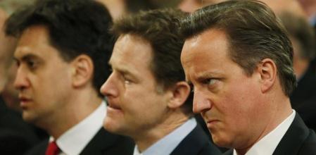 El conservador David Cameron, el laborista Ed Miliband y el liberaldemócrata Nick Clegg