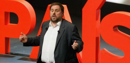 El presidente de ERC, Oriol Junqueras, durante la conferencia que llevó a cabo en el Palau de Congressos