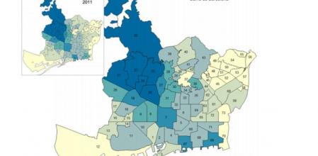 Renta Familiar Disponible per capita en 2012 en los barrios de Barcelona, en comparación con la de 2011