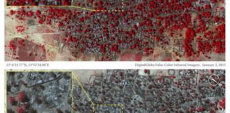 Combo de fotografías de satélite de DigitalGlobe facilitadas por Amnistía Internacional hoy, jueves 15 de enero de 2015. Las imágenes fueron tomadas el 7 de enero de 2015 (abajo) y el 2 de enero de 2015 (arriba) y muestran la destrucción de la localidad de Baga en Nigeria tras el ataque de Boko Haram la semana pasada. Las zonas rojas en la fotografía muestran la vegetación sana