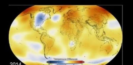 Las zonas del planeta con promedios de temperaturas más altas (rojo) y más bajas (azul) durante el 2014