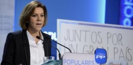 La secretaria general del PP, María Dolores de Cospedal, durante la rueda de prensa en la que ha presentado la convención nacional que el Partido Popular celebra este fin de semana en Madrid.