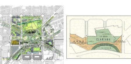 Urbanización provisional de Glòries superpuesta al proyecto ganador 'Canòpia Urbana' y plano de los usos provisionales en el lado montaña