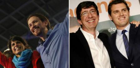 La candidata de Podemos, Teresa Rodríguez y el líder de partido, Pablo Iglesias, a la izquierda; y el candidato de Ciudadanos, Juan Marín, y el líder del partido Albert Rivera
