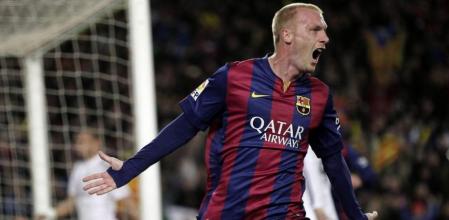 Mathieu celebra el gol en el Camp Nou frente al Real Madrid
