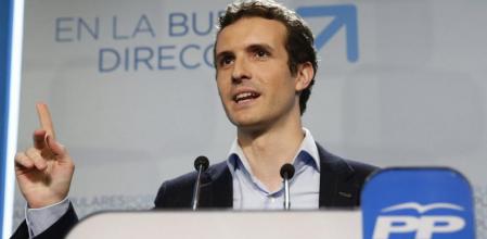 El portavoz del comité de campaña del PP, Pablo Casado, durante su comparecencia en la sede de los populares en Madrid