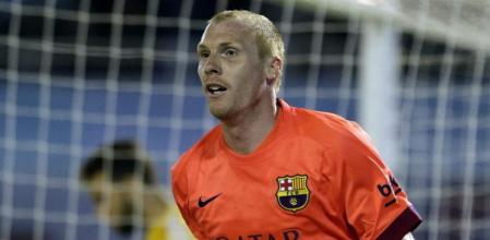 Mathieu celebra su gol en Balaídos, el segundo que marca de cabeza en una jugada de estrategia tras el gol del Camp Nou contra el Real Madrid en la jornada anterior